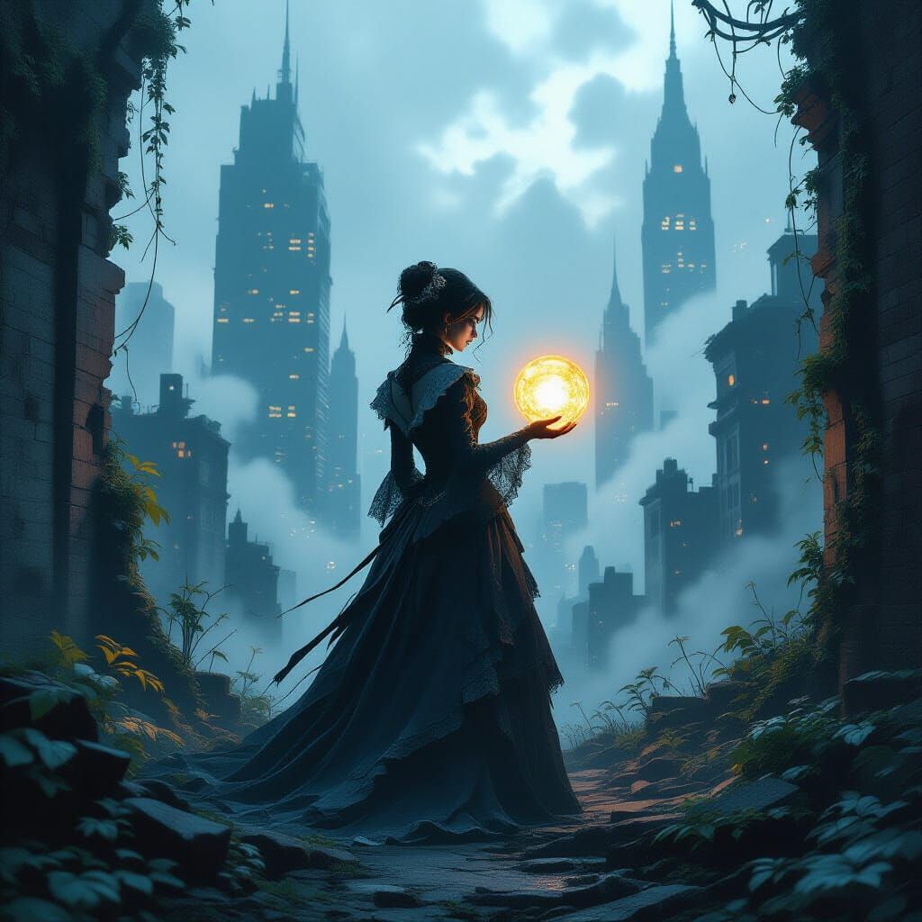 Steampunk Woman with Glowing Orb in Ruined City