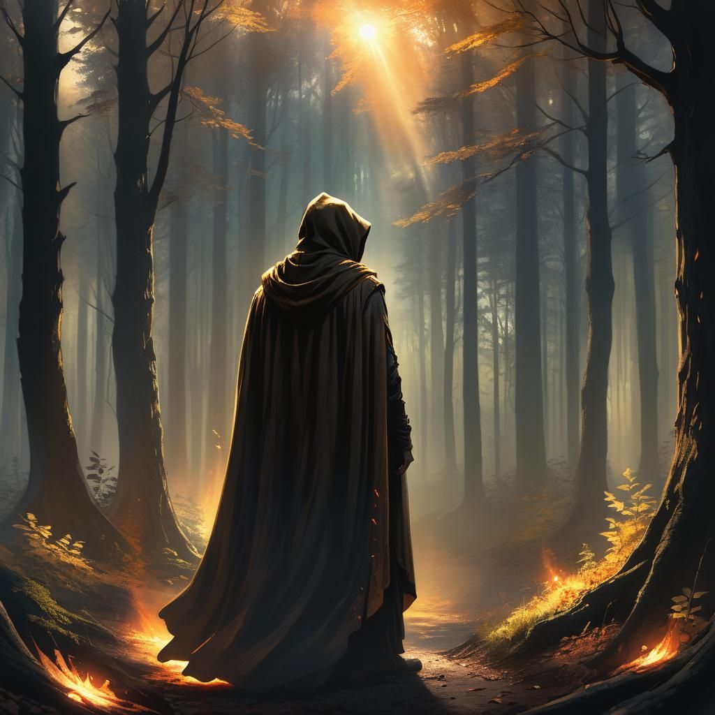 Winged Figure in Mystical Forest: Fantasy Art