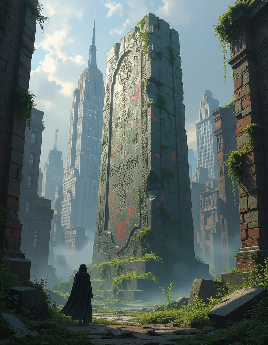 Future NYC Ruins: Stone Monument with Cloaked Figure