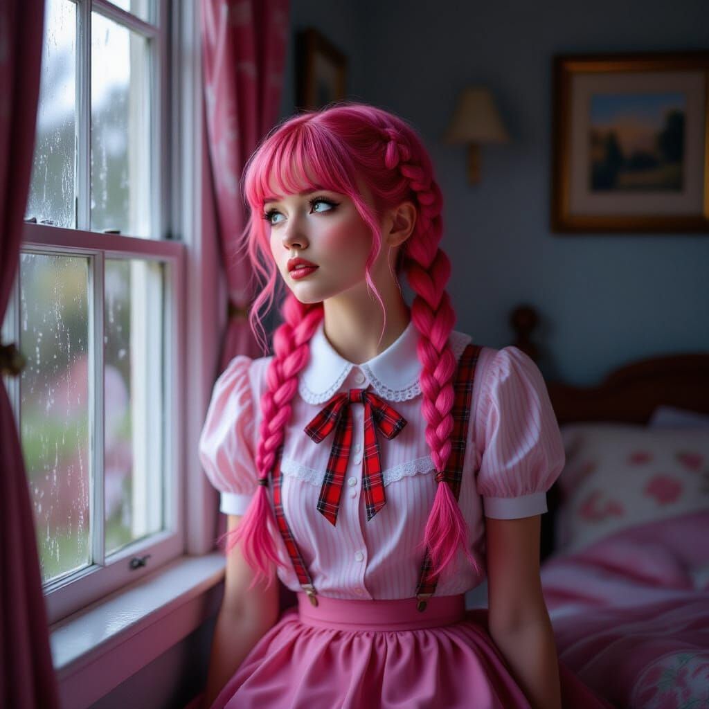 Pink-Haired Girl at Window, Hyperrealistic Cinematic Still