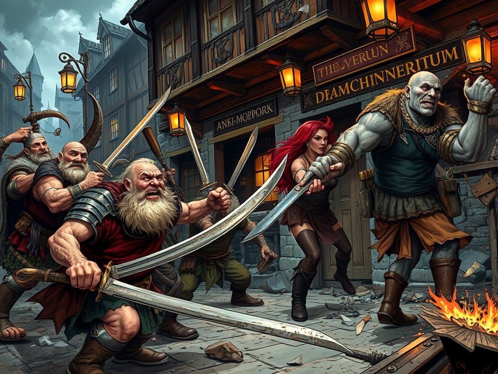 Dwarfs and Trolls Brawl Outside Mended Drum, City Watch Inte...