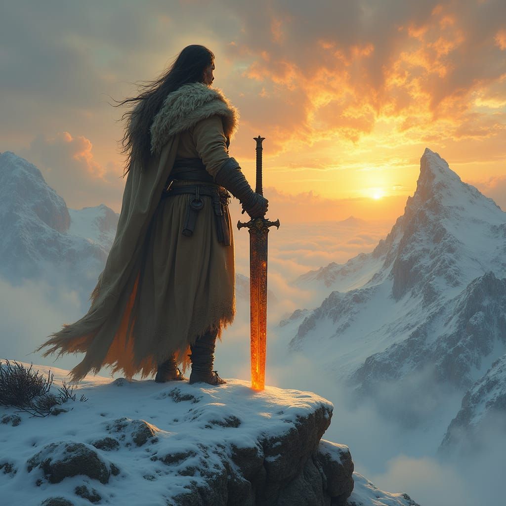 Ancient Warrior on Snowy Peak at Dawn