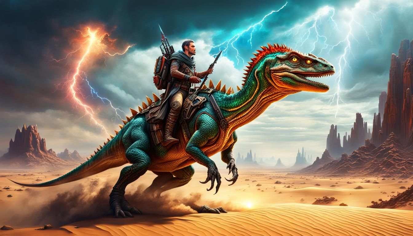 Elf Nomad Rides Lizard in Lightning Storm