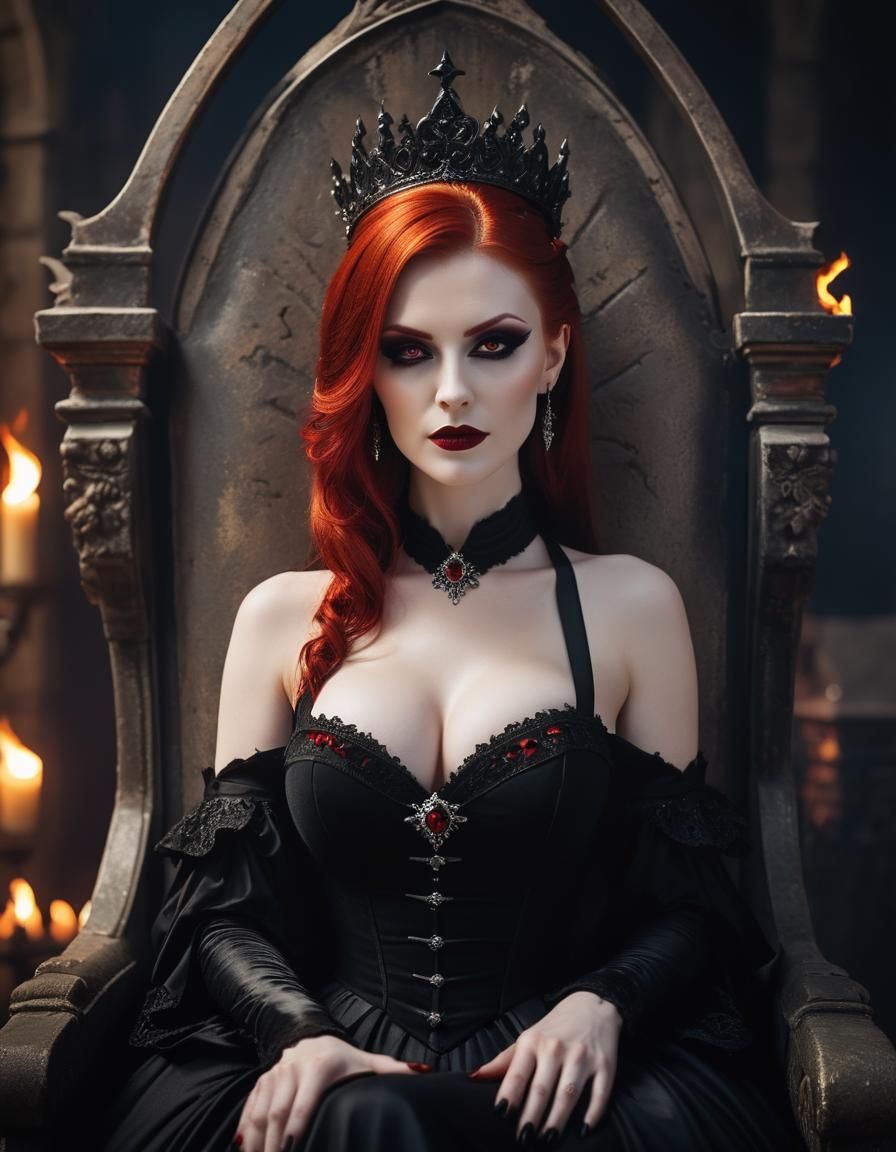 Gothic Redhead Vampire Queen Portrait in Dark Fantasy Style