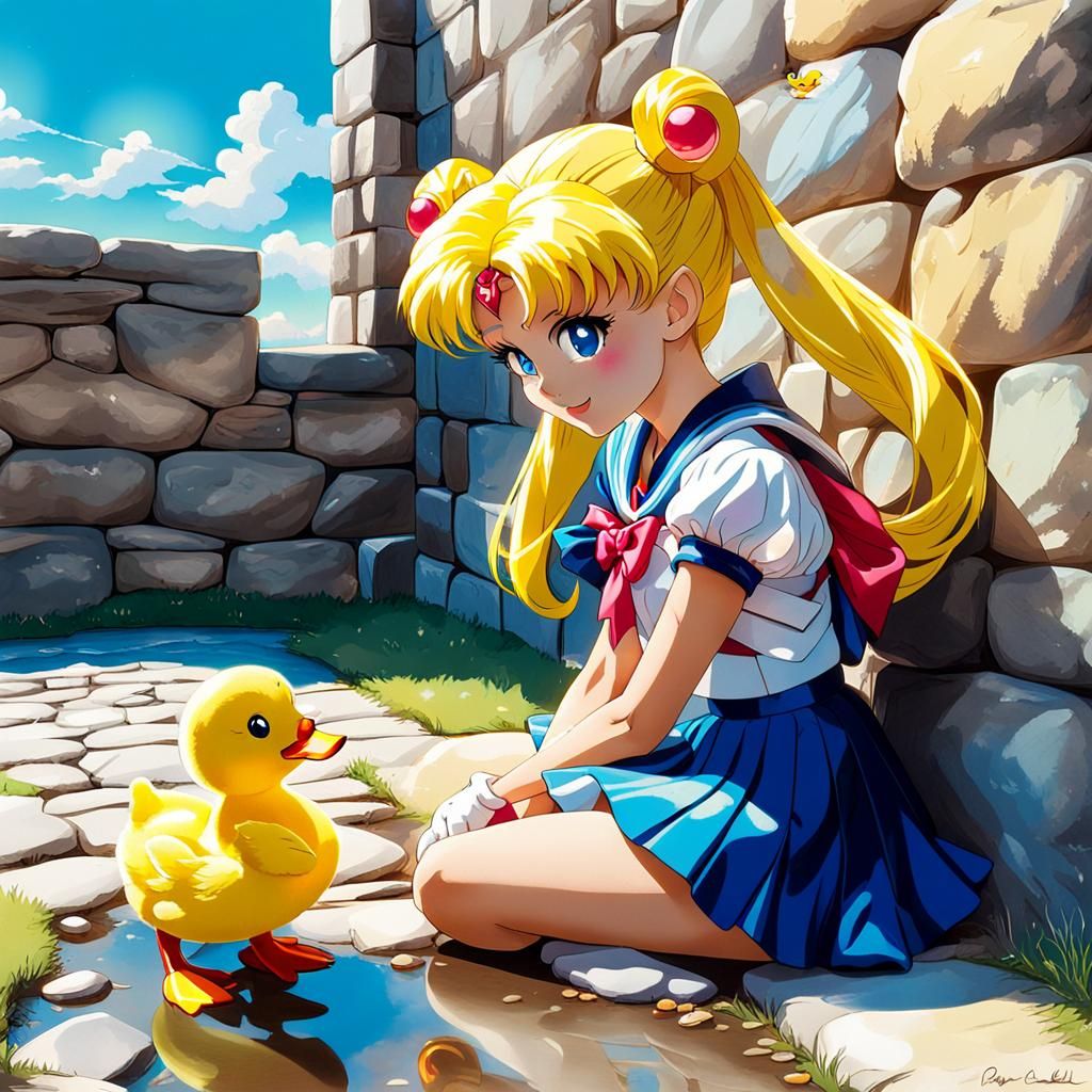 Sailor Moon wearing light pink orange long dress she sit nex...