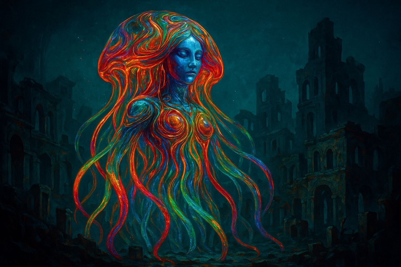 Fluorescent Jellyfish Goddess in Sunken City Ruins