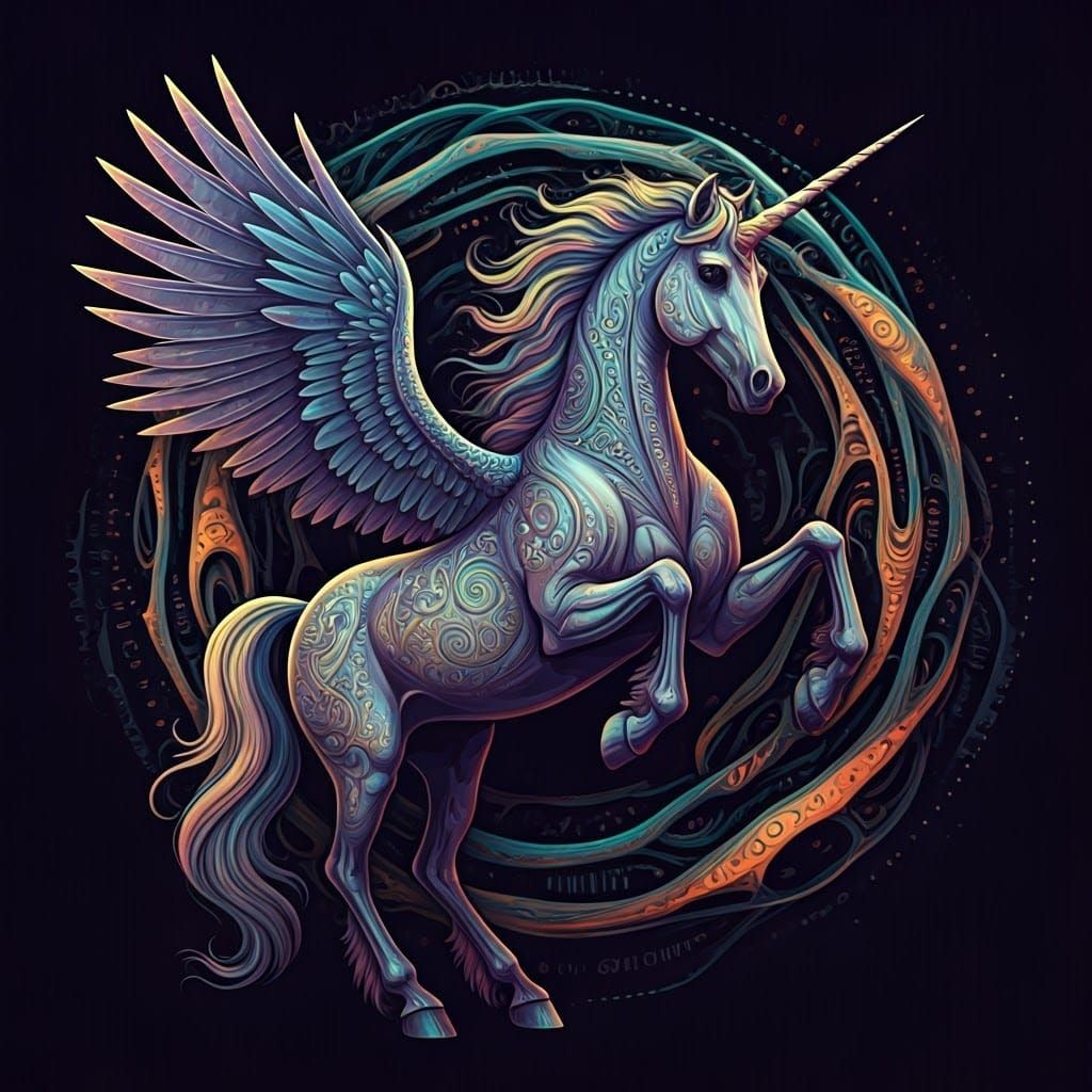 Majestic Winged Unicorn in Biomechanical Digital Art
