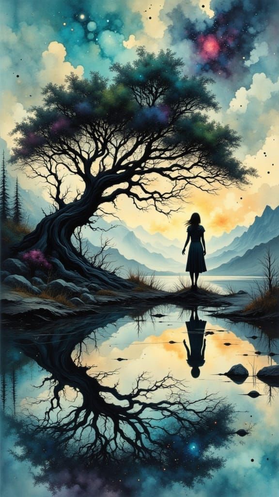 Abstract Impressionist Cypress Trees Portal with Cosmic Nebu...