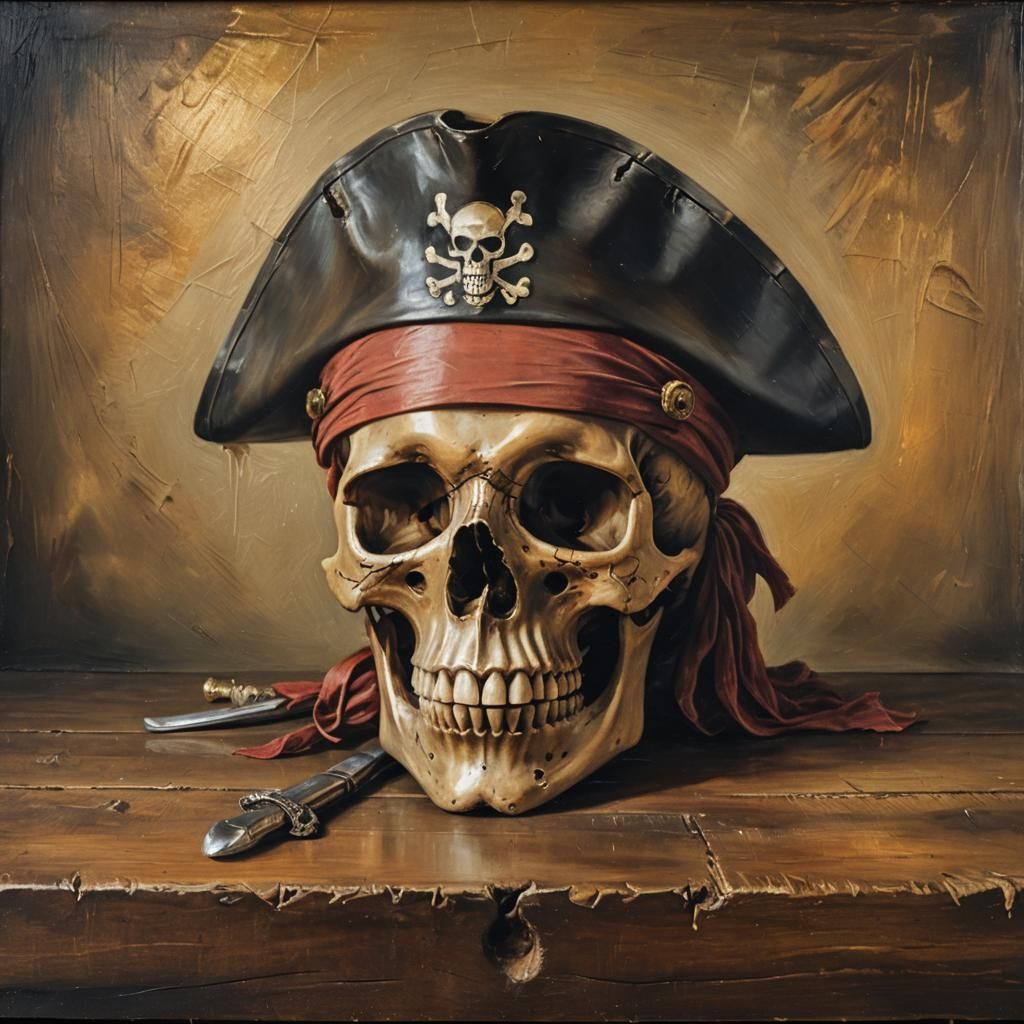 Pirate Skull Still Life as Fresco Oil Painting