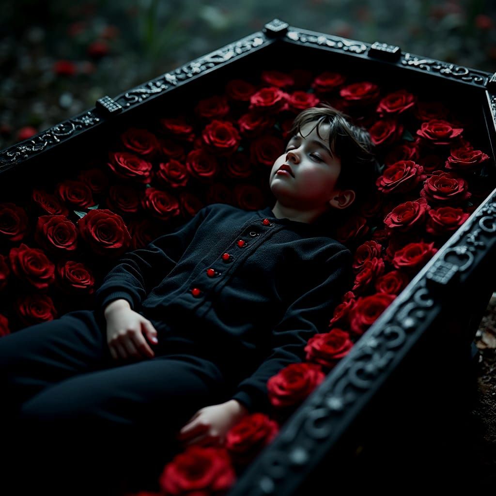 Dead Boy in Coffin with Red Roses