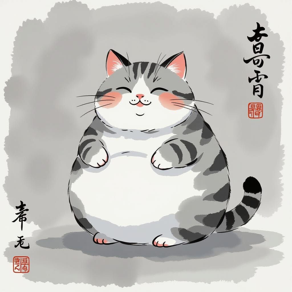 Minimalist Sumi-e Cat Painting in Traditional Japanese Style