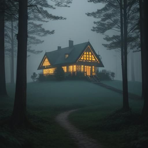 Illuminated House in Foggy Forest: Bokeh Photography