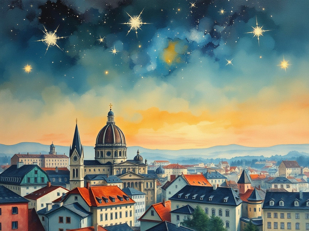 Einfache Darstellung eines Sternenhimmels über einer stilisierten Stadt.