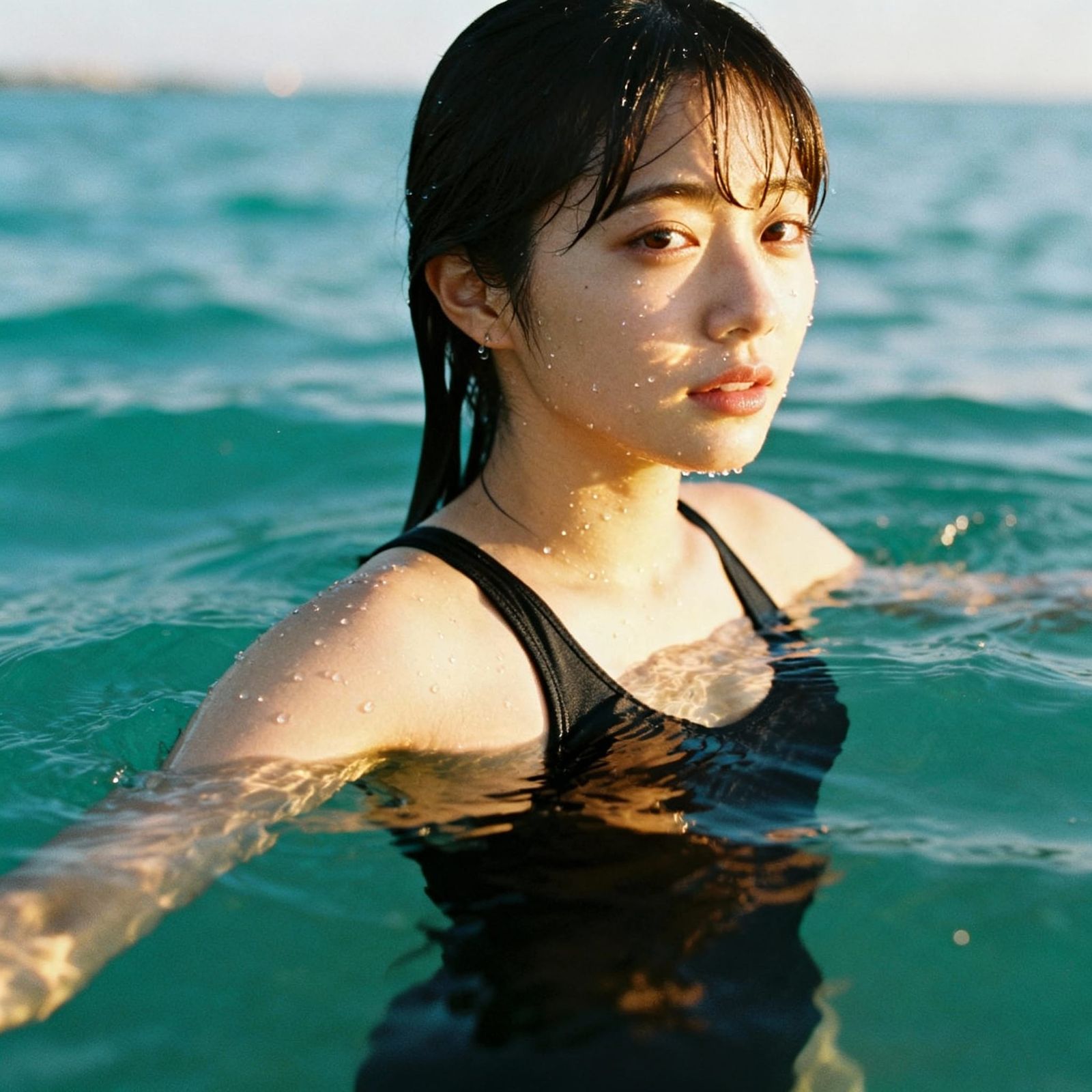Woman in Black Swimsuit in Golden Hour Turquoise Water