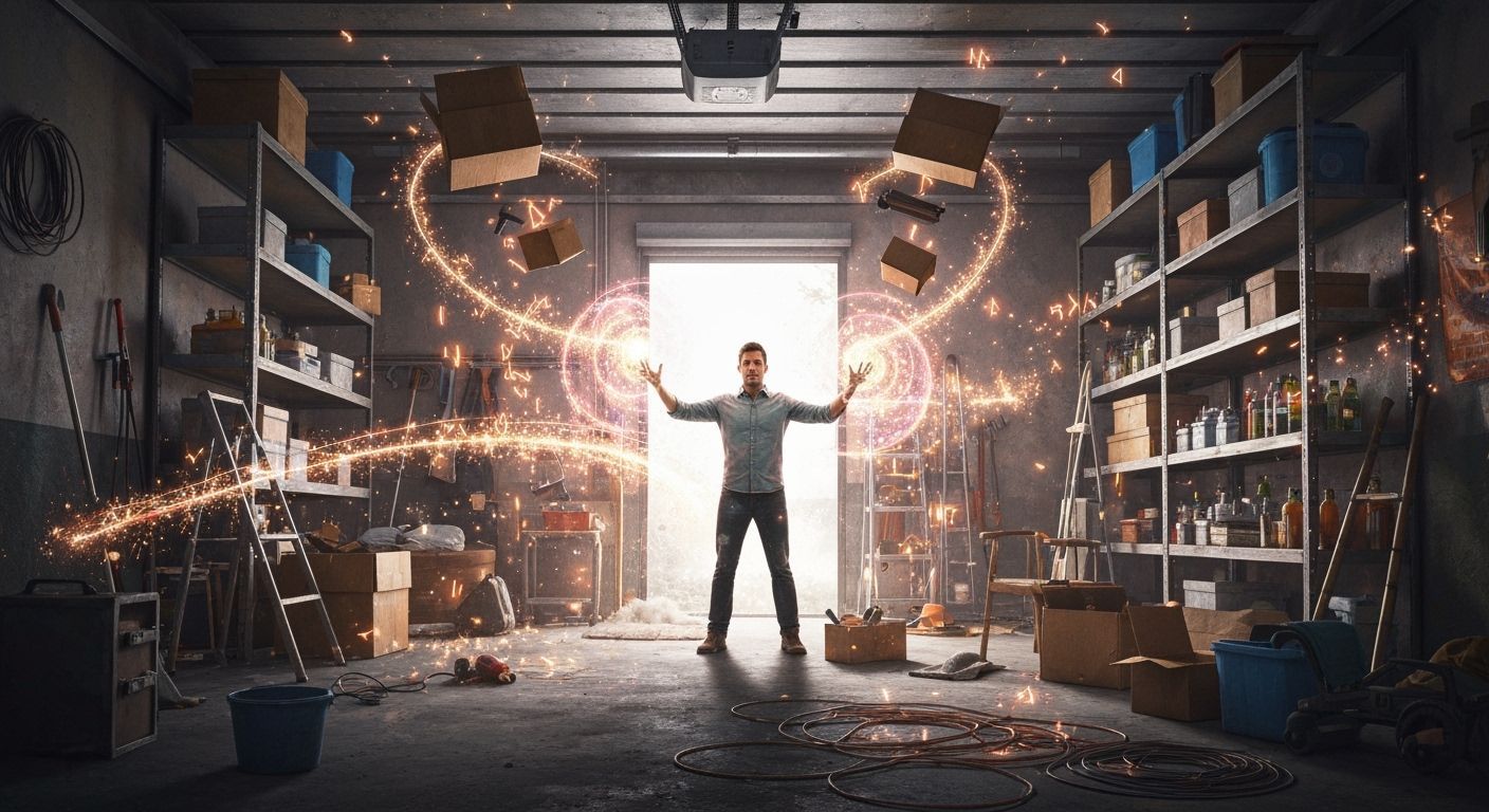 Man Magically Cleans Cluttered Garage with Glowing Runes