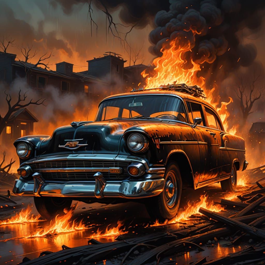 Chevrolet Belair Melts in Apocalyptic Flames: Dark Fantasy A...