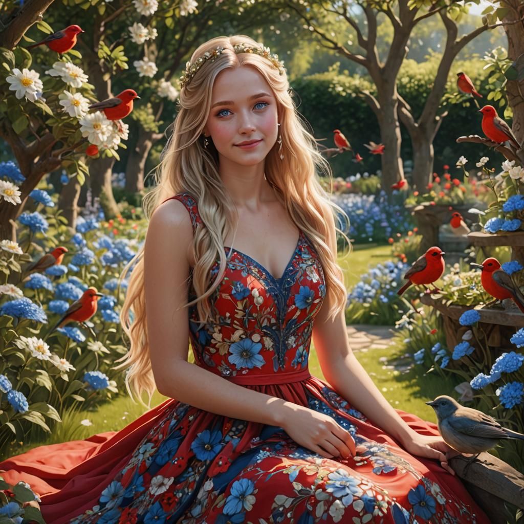 Girl in Flower Garden Surrounded by Robins