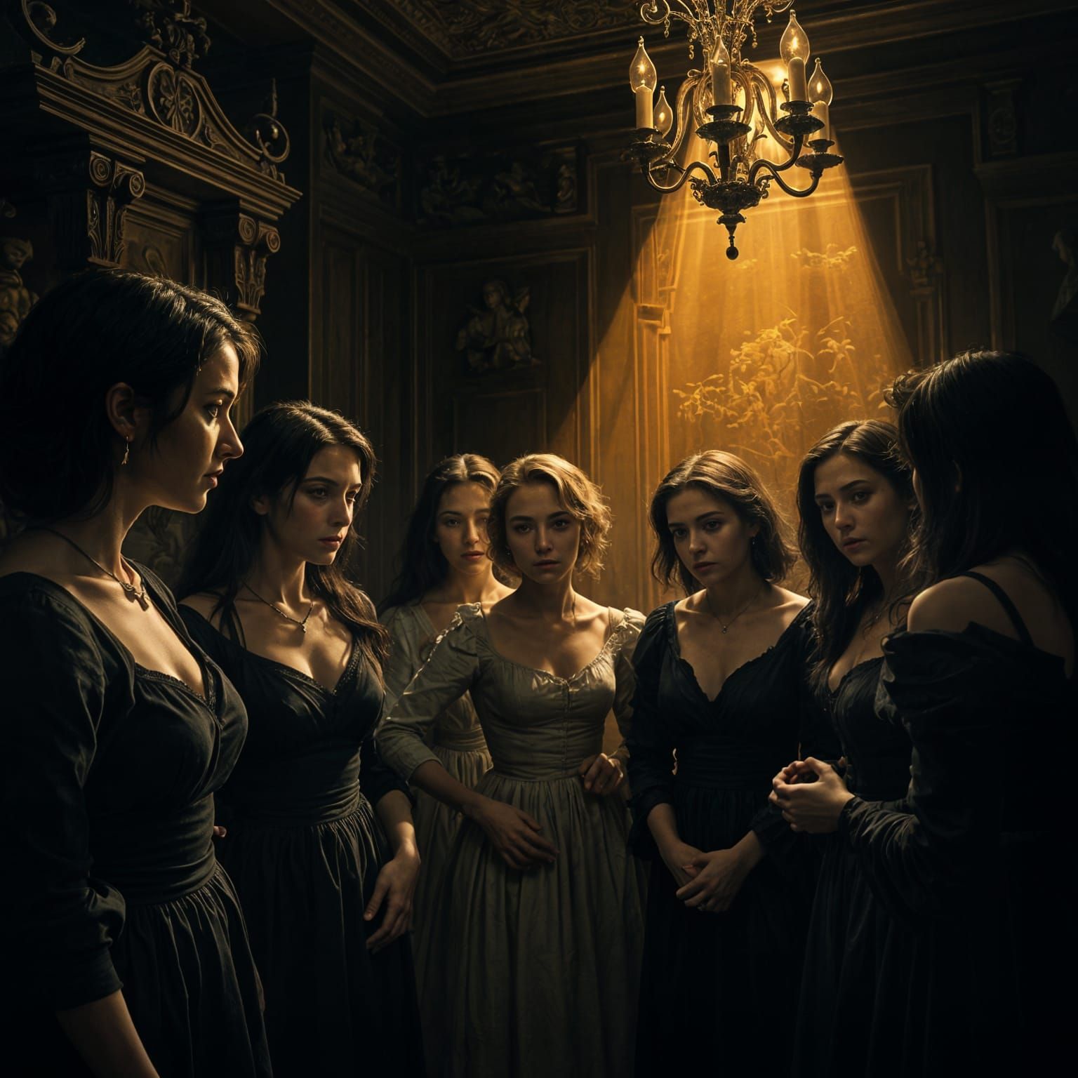 Women Gather in Dark, Grim Caravaggio Style