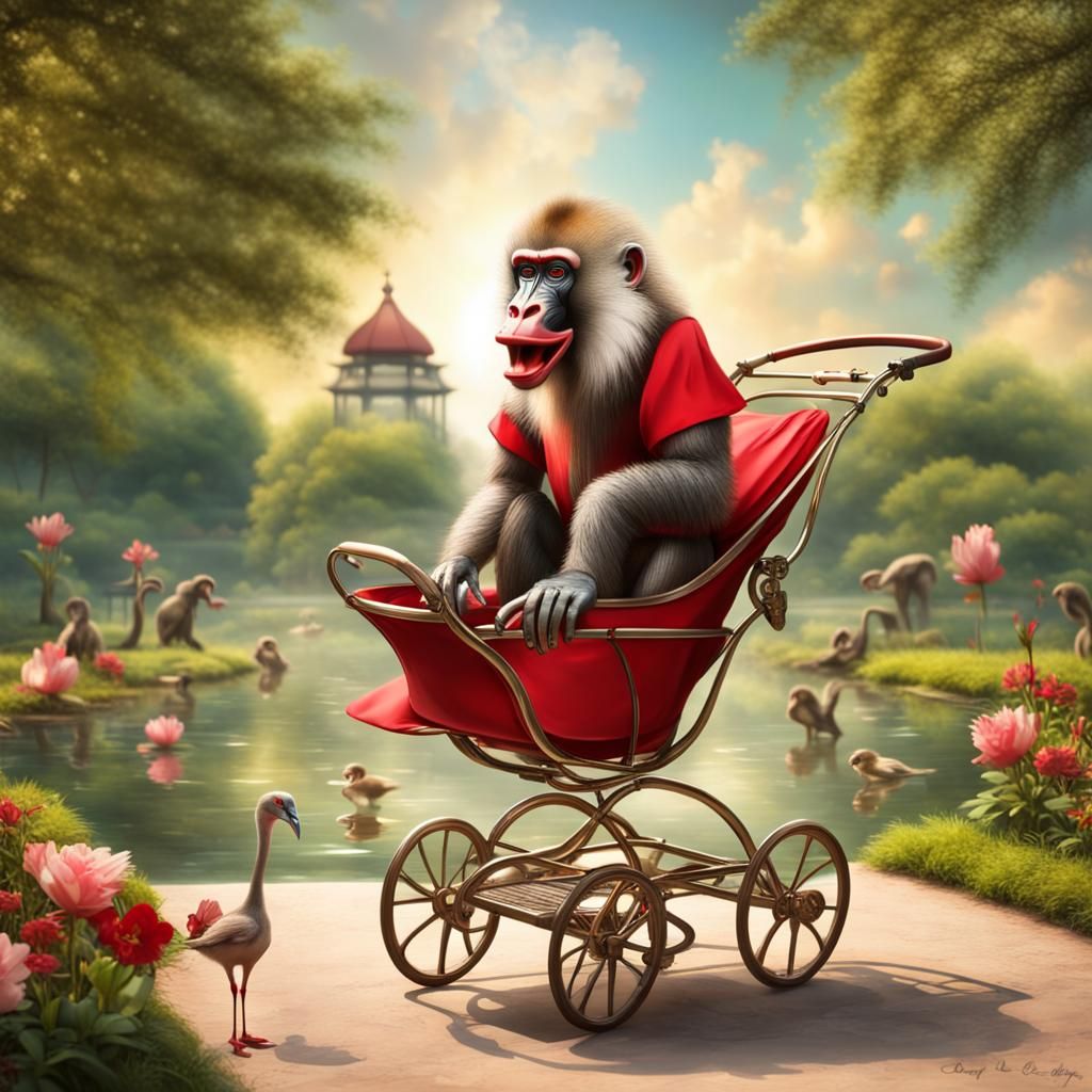 Mandrill in Heels Strolling in a Park