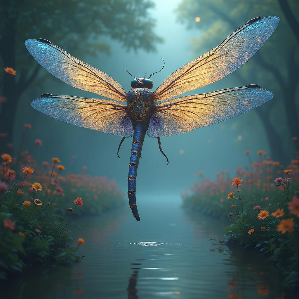 Iridescent Clockwork Dragonfly in Hyperrealistic Style