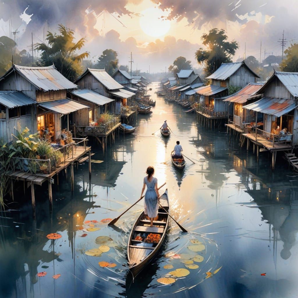 Floating Village on Tonle Sap Lake in Digital Art