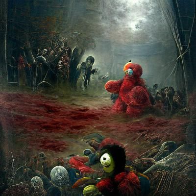 Elmo Survives Zombie Apocalypse in Horror Art Style
