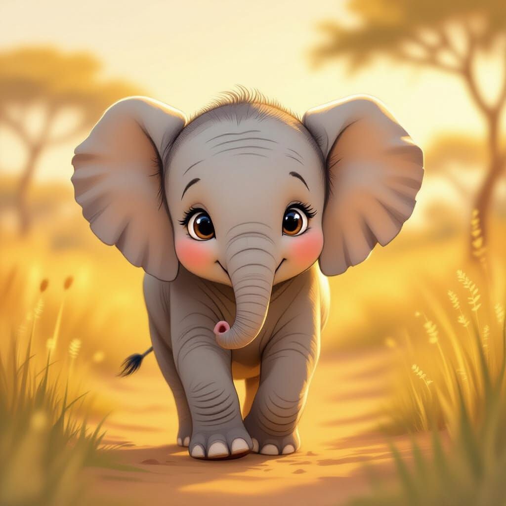 Cute Baby Elephant Ashton in African Savannah Storybook Styl...