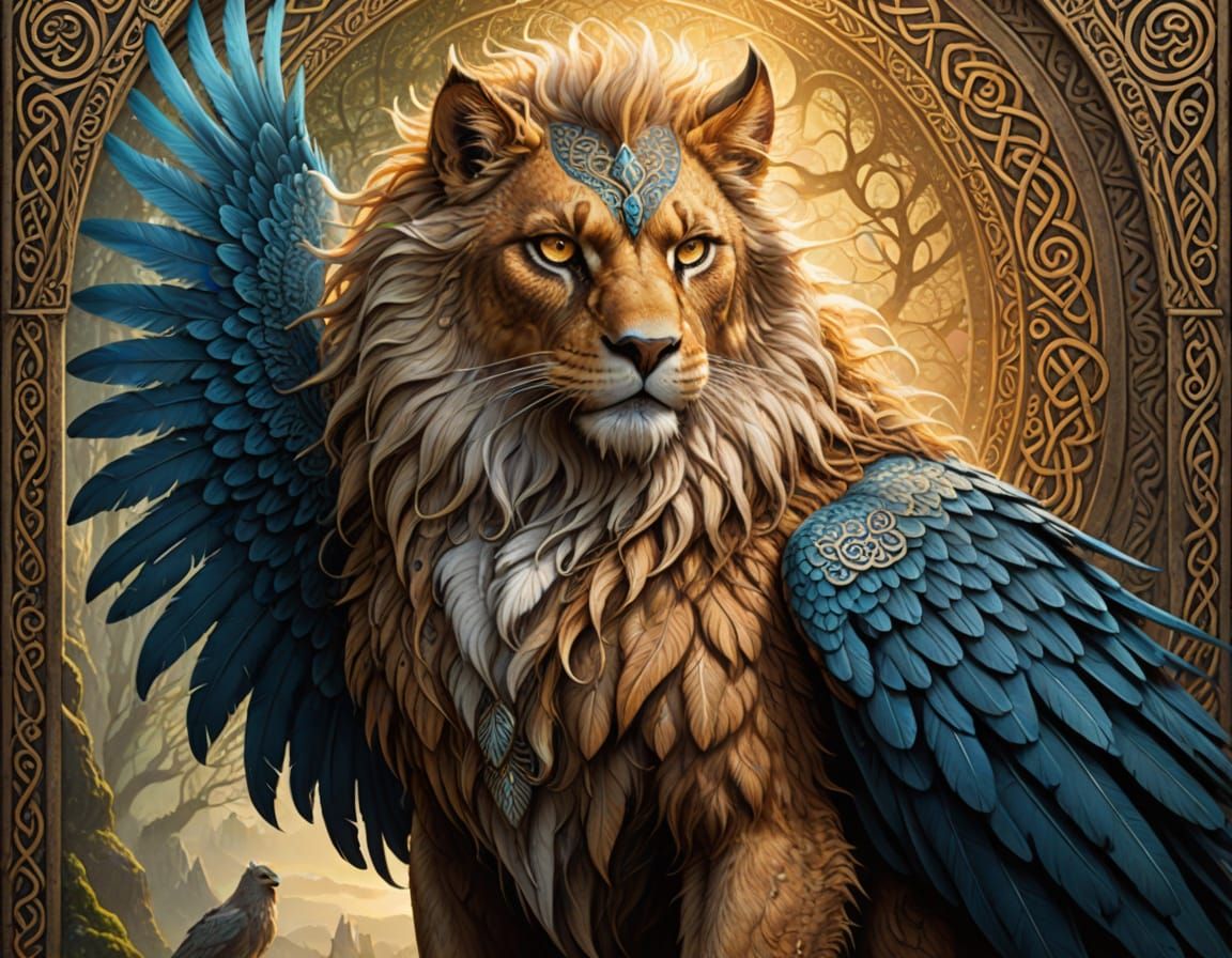 Majestic Gryphon Hybrid Surrounded by Celtic Patterns in Vib...