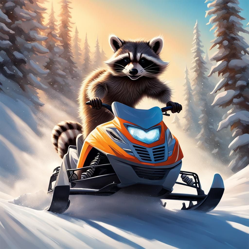 Raccoon Snowmobiling in Alpine Setting: Hyperrealistic Art