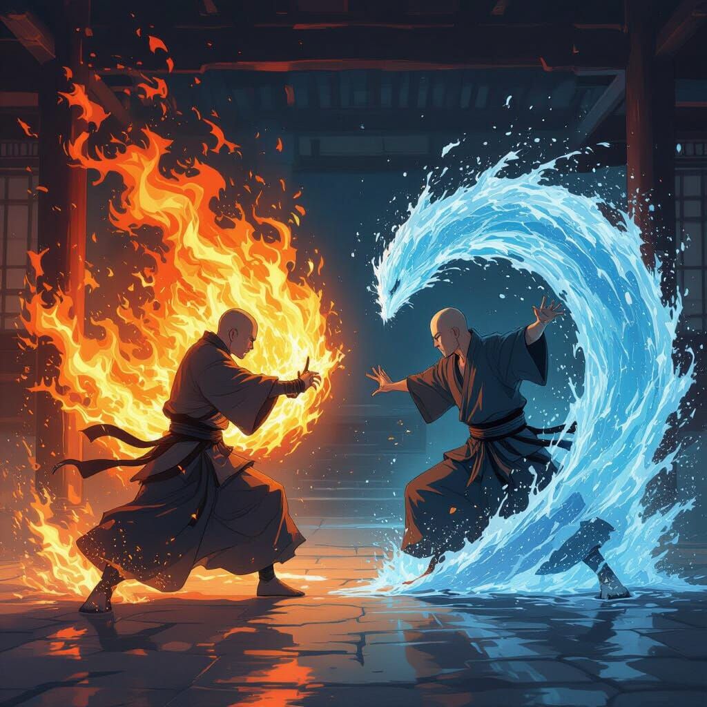 Monks Battle with Fire and Water in Serene Monastery