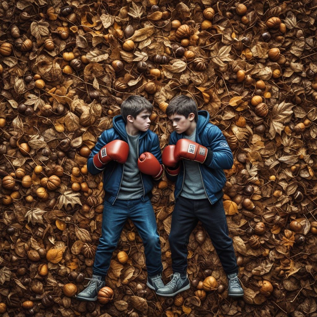 Boys Boxing in Autumn Leaves, Hyperrealistic Style