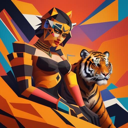 Geometric Cubist Tiger King and Queen Art Deco