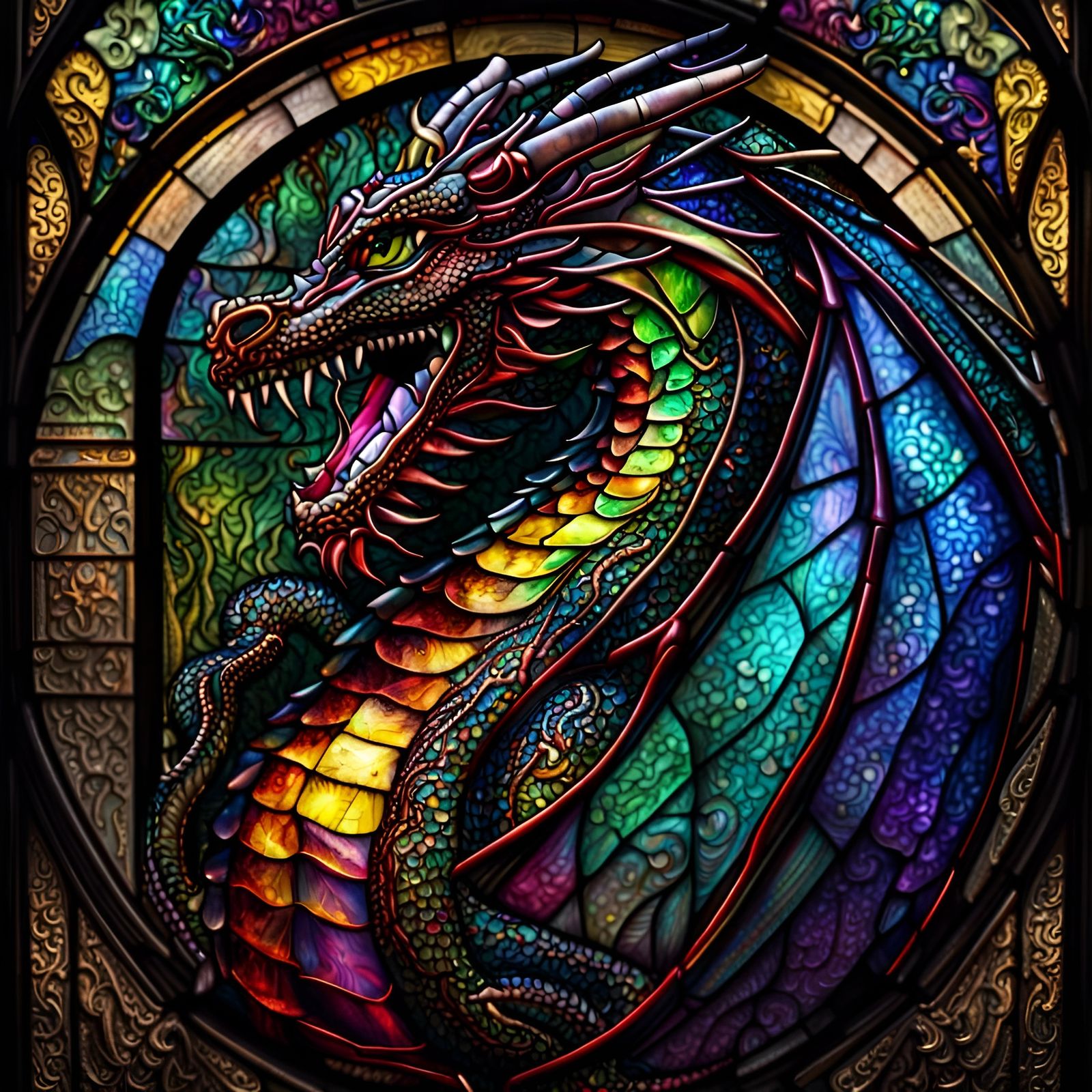 Iridescent Stained Glass Dragon in Hyperrealistic Style