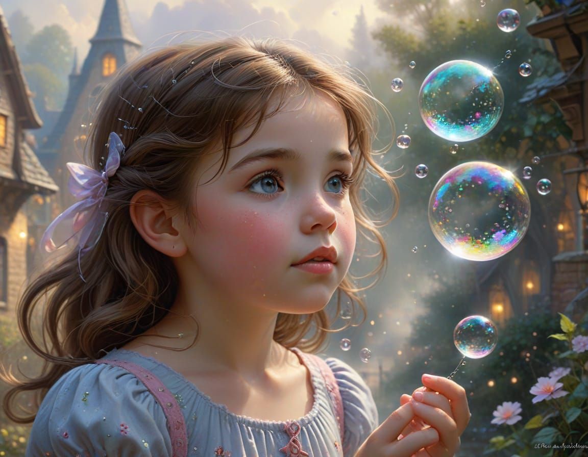 Little Girl's Wonder at Soap Bubbles, Ethereal Fantasy Style