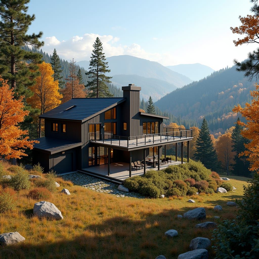 Modern Mountain Home in Autumn Forest