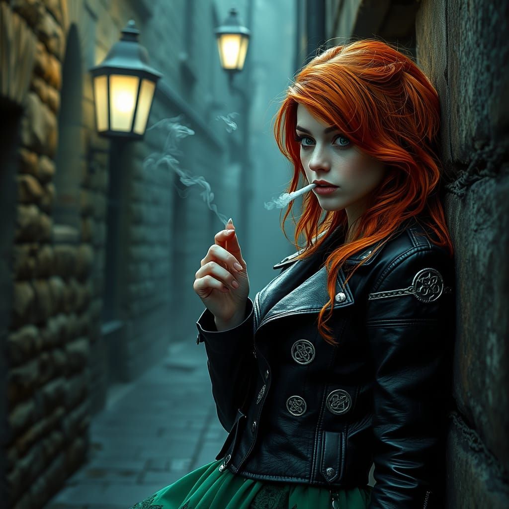 Fiery Redhead Irish Woman in Leather Jacket Smokes in Dublin...