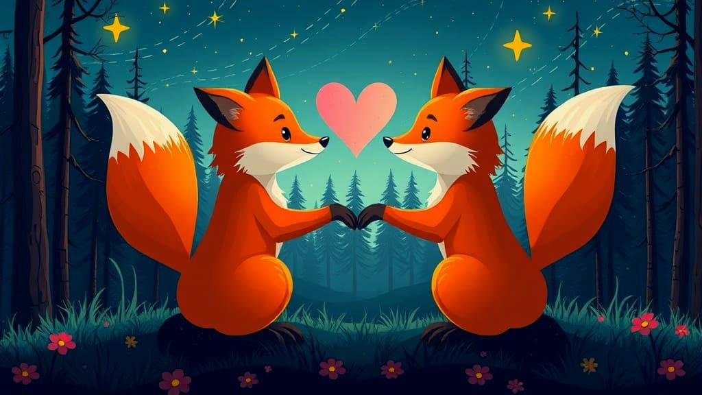 Whimsical Cartoon Foxes Under a Starry Moonlit Sky