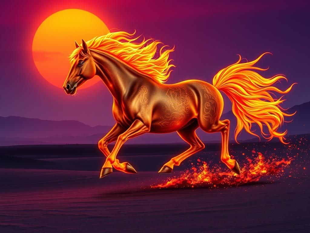 Fiery Horse Galloping Across Twilight Desert
