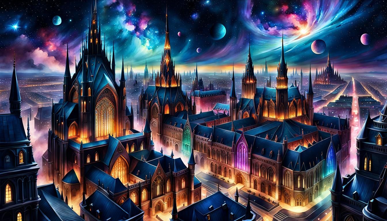 Iridescent Gothic Cityscape at Night