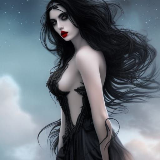 Gothic Witch with Windswept Hair Under Starry Sky