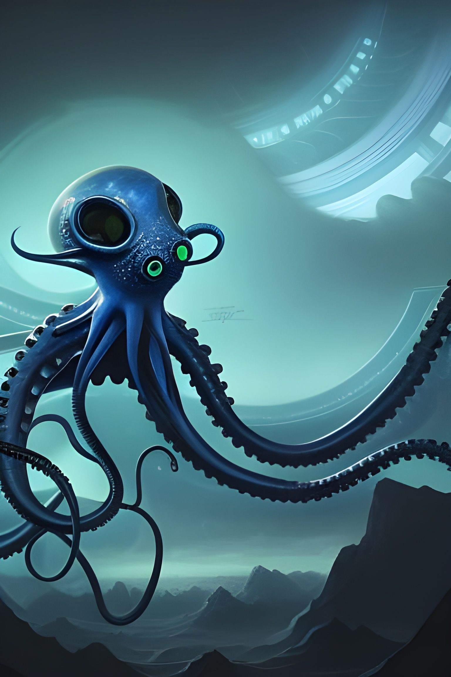 Retrofuturistic Blue Alien with Tentacles