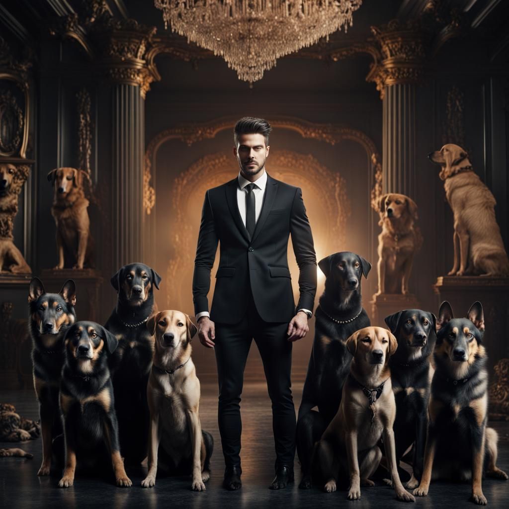 Man in Black Suit Surrounded by Protective Dogs