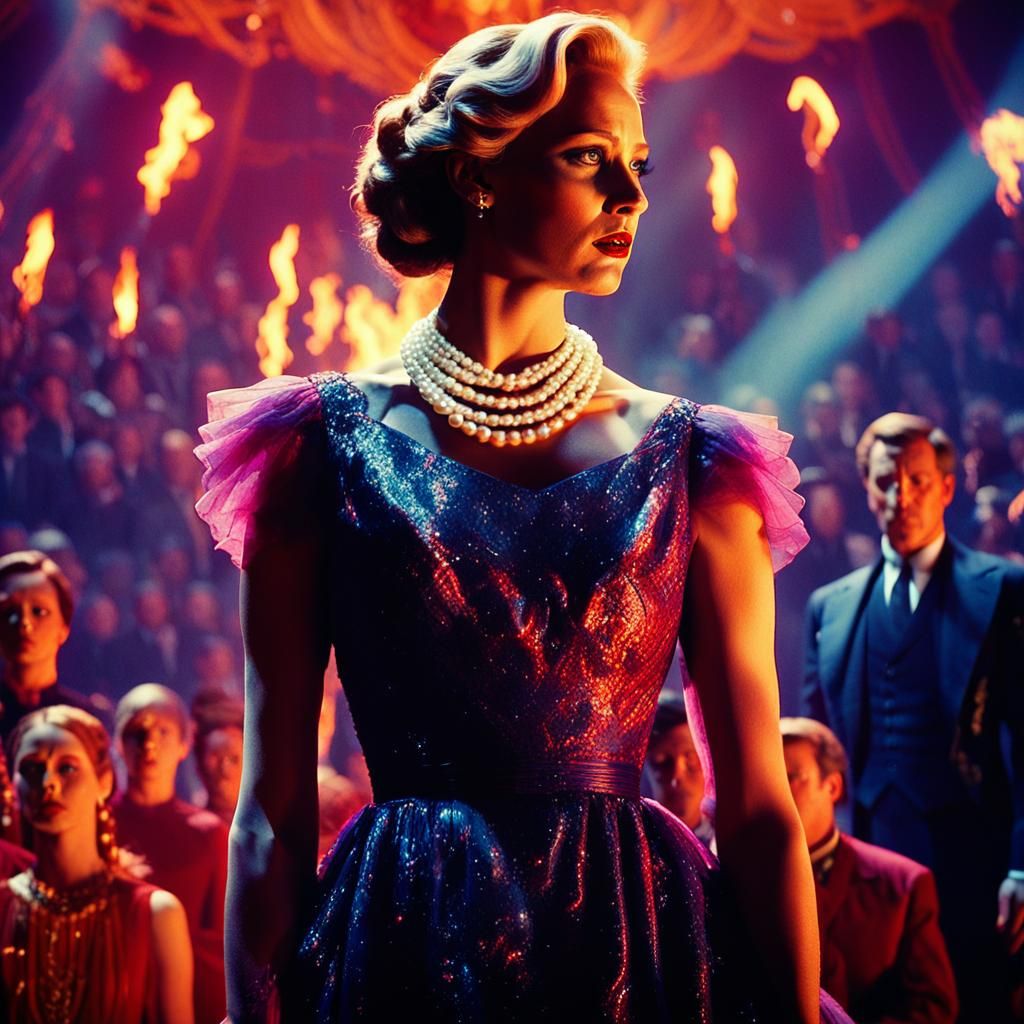 Glamorous Woman Watches Hunger Games in Horror: Film Still