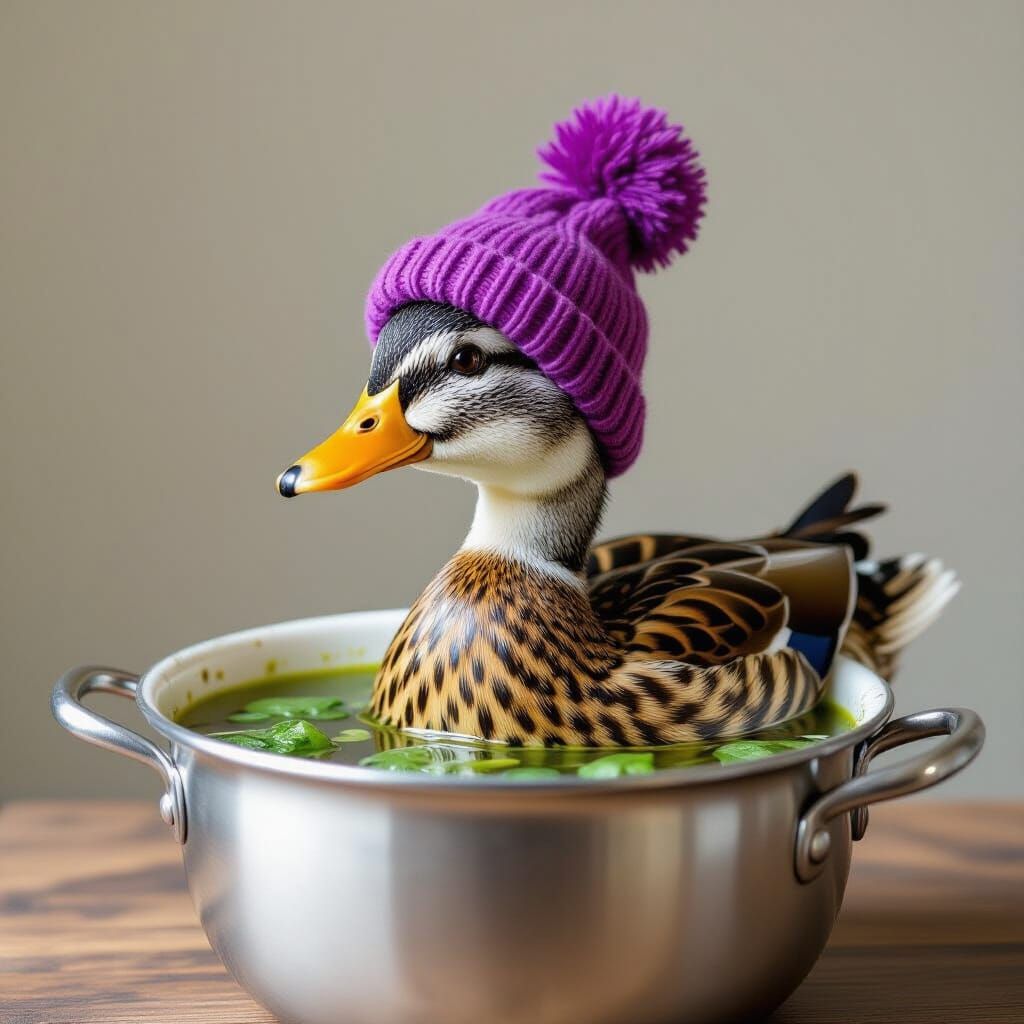 Duck in Beanie Submerged in Spinach Soup