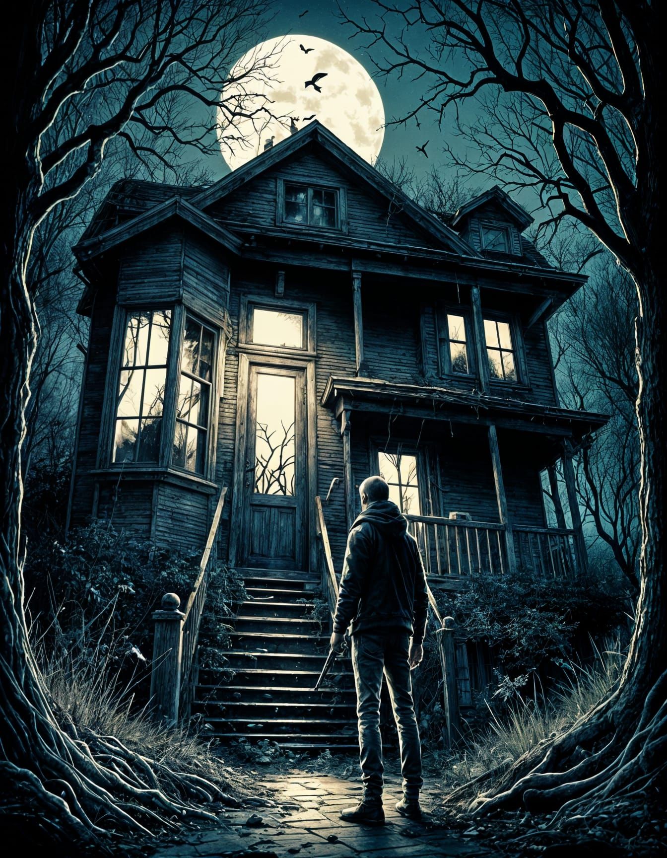 Ominous Figure in Shadowy Suburban House at Night