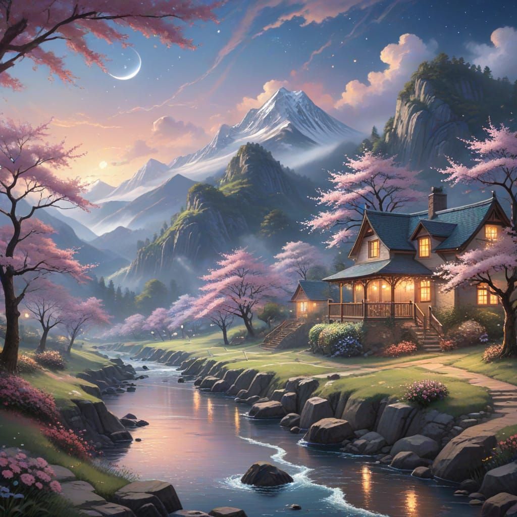 Dreamy Cherry Blossom Valley in Pastel Hues