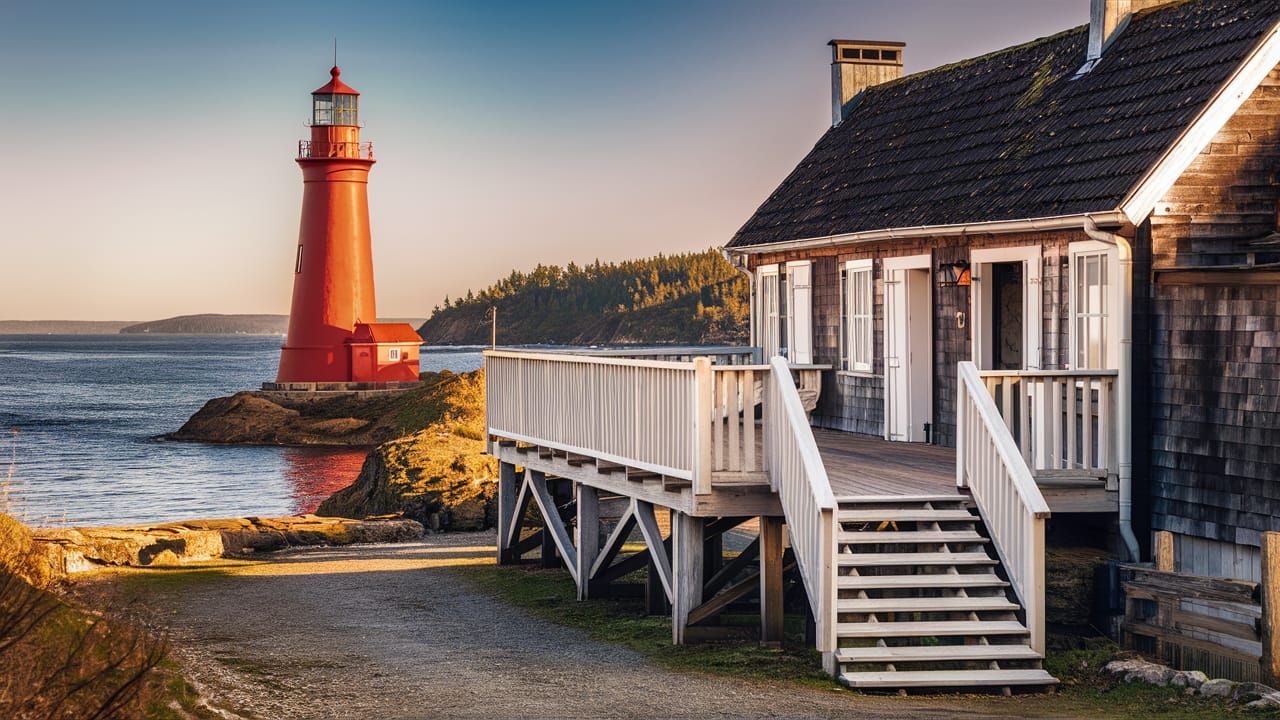 Picturesque Coastal Scene with Red Lighthouse Photograph