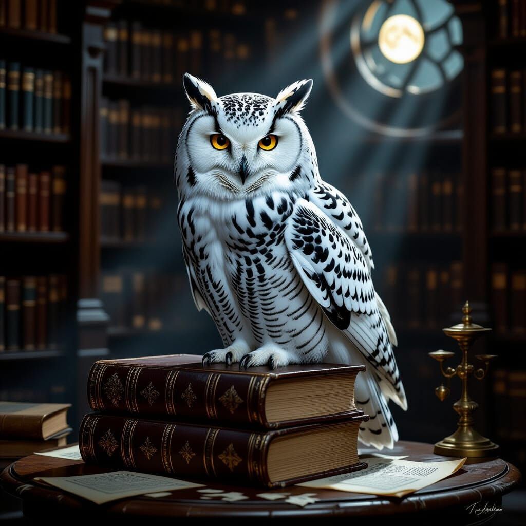 Wise Owl on Ancient Book in Moonlit Library