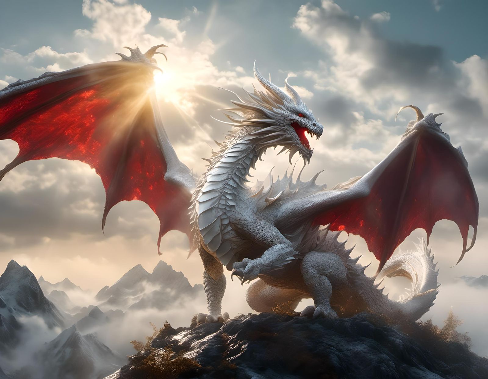 White and Crimson Dragon on Misty Mountain