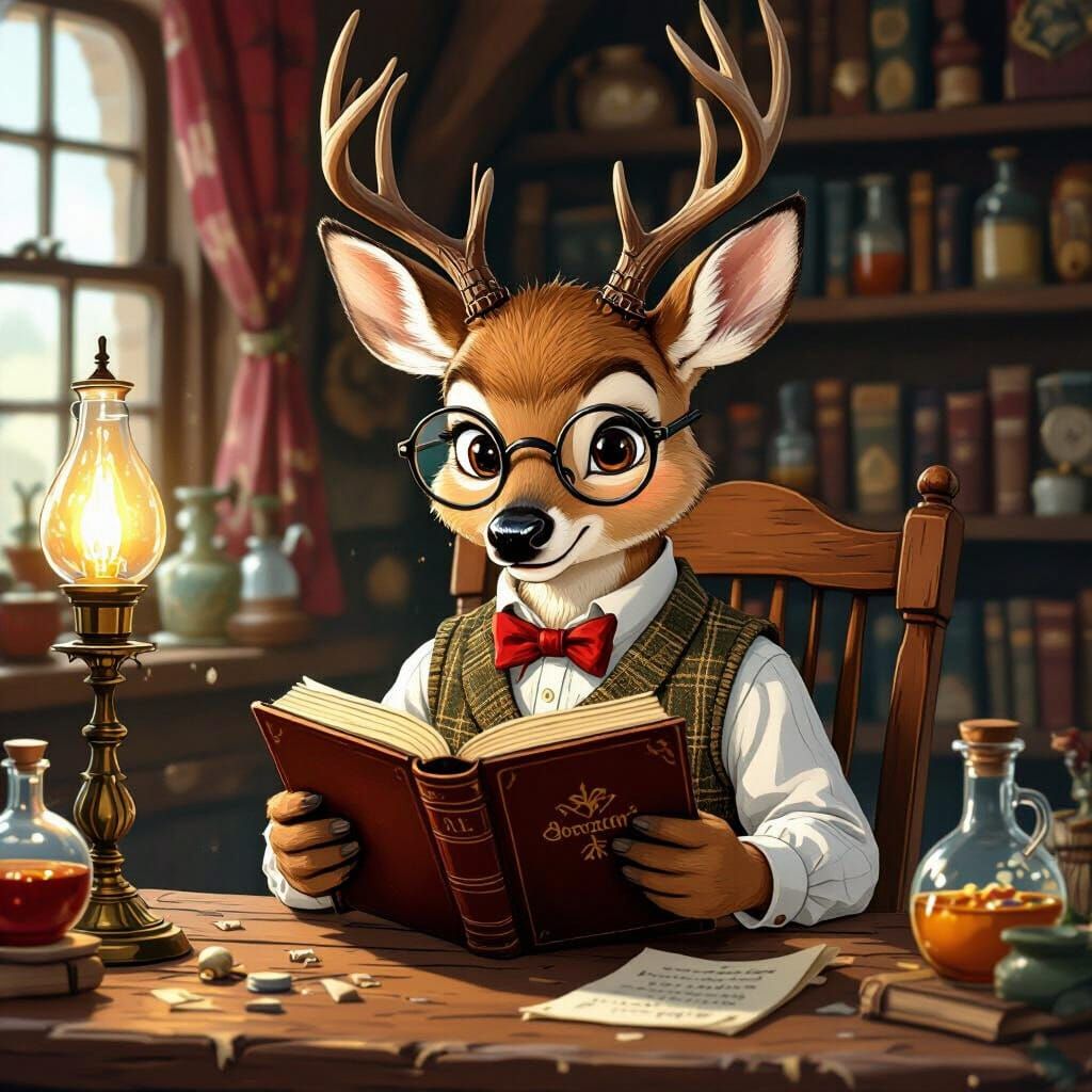 Whimsical Deer Reads Tome in Cozy Tavern